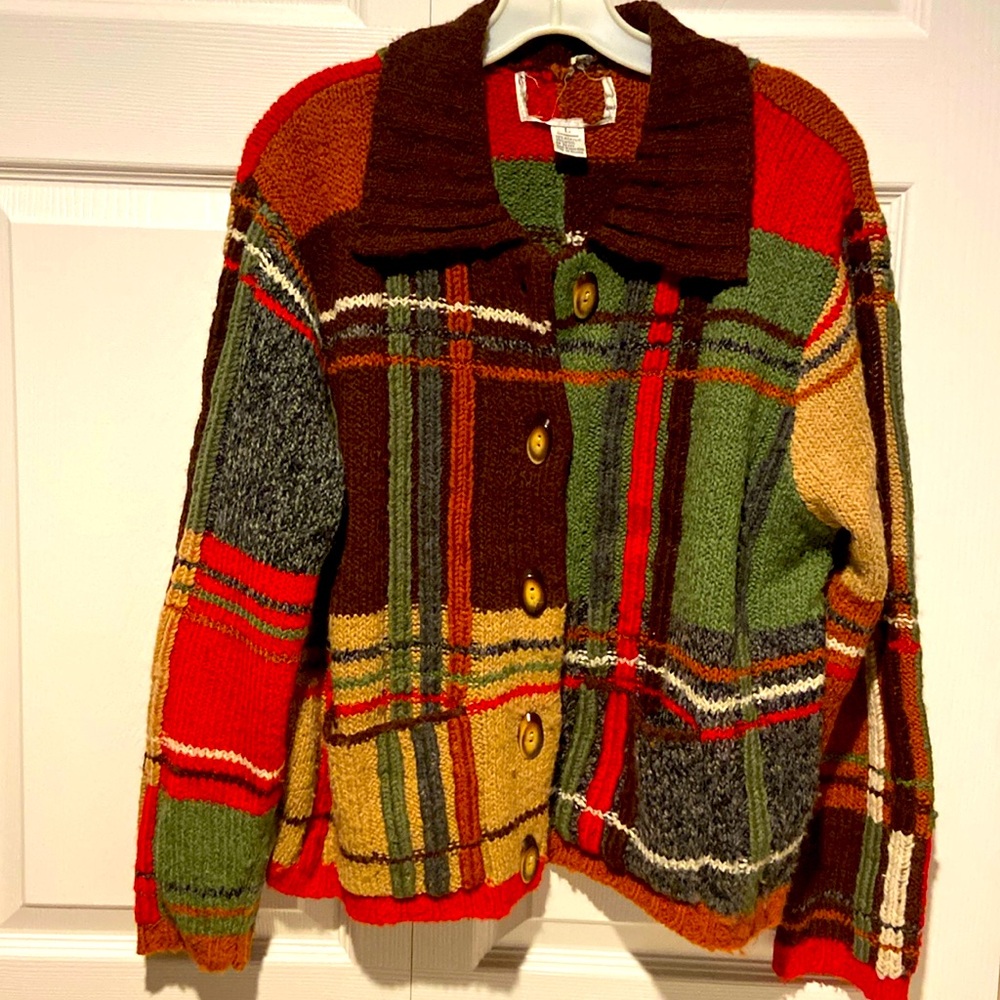 Vintage Hand-Knit Wool Blend Plaid Cardigan Sweater by Knitting Needles